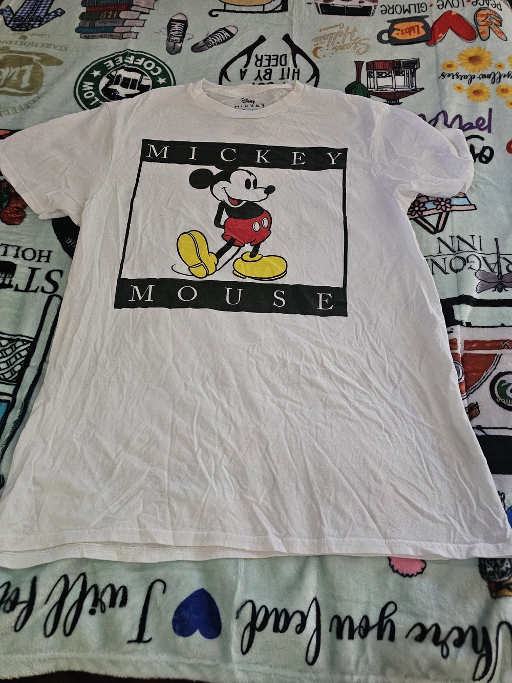 Disney White Mickey Mouse Graphic Tee with Red and Yellow Accents